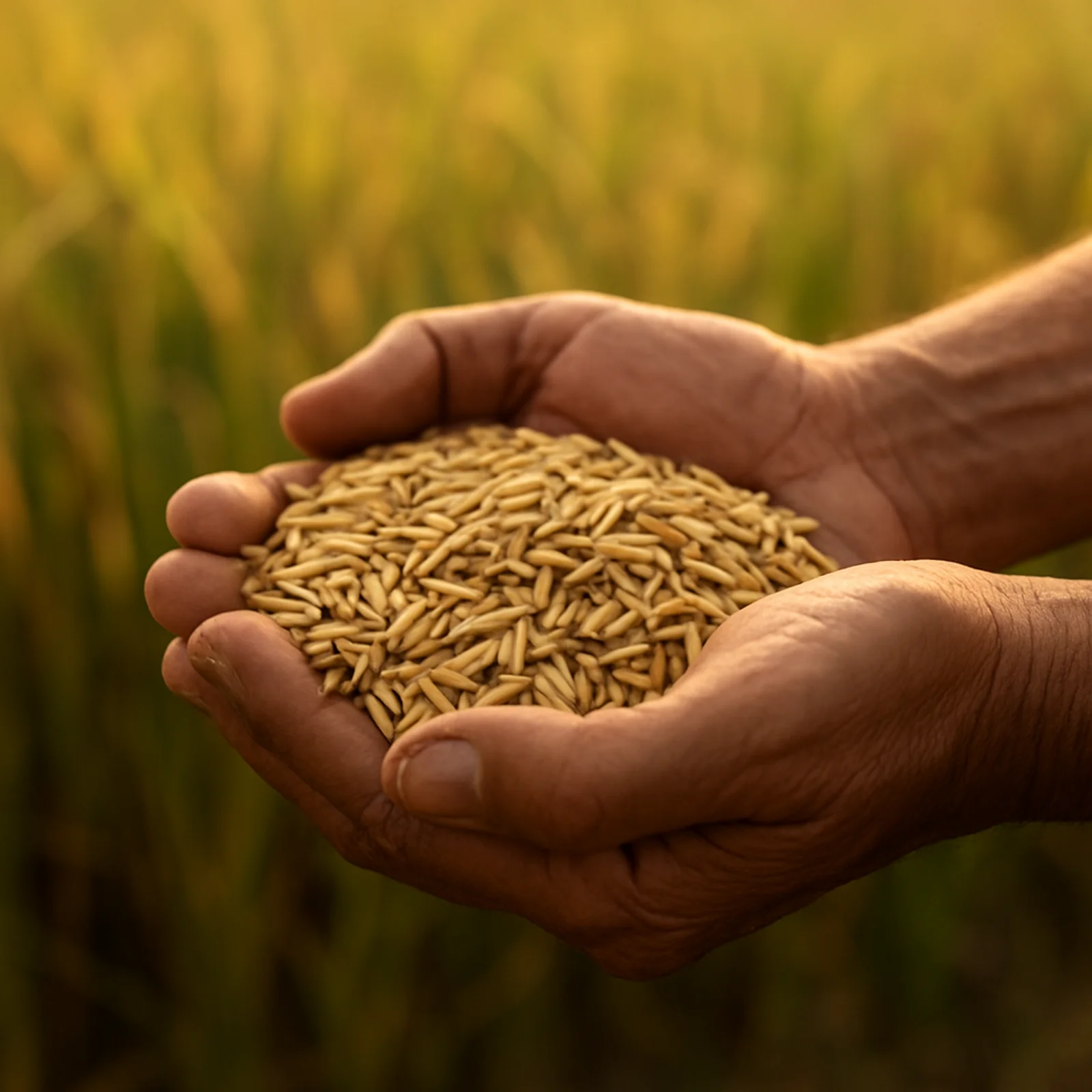 Hands holding freshly harvested paddy in a golden rice field