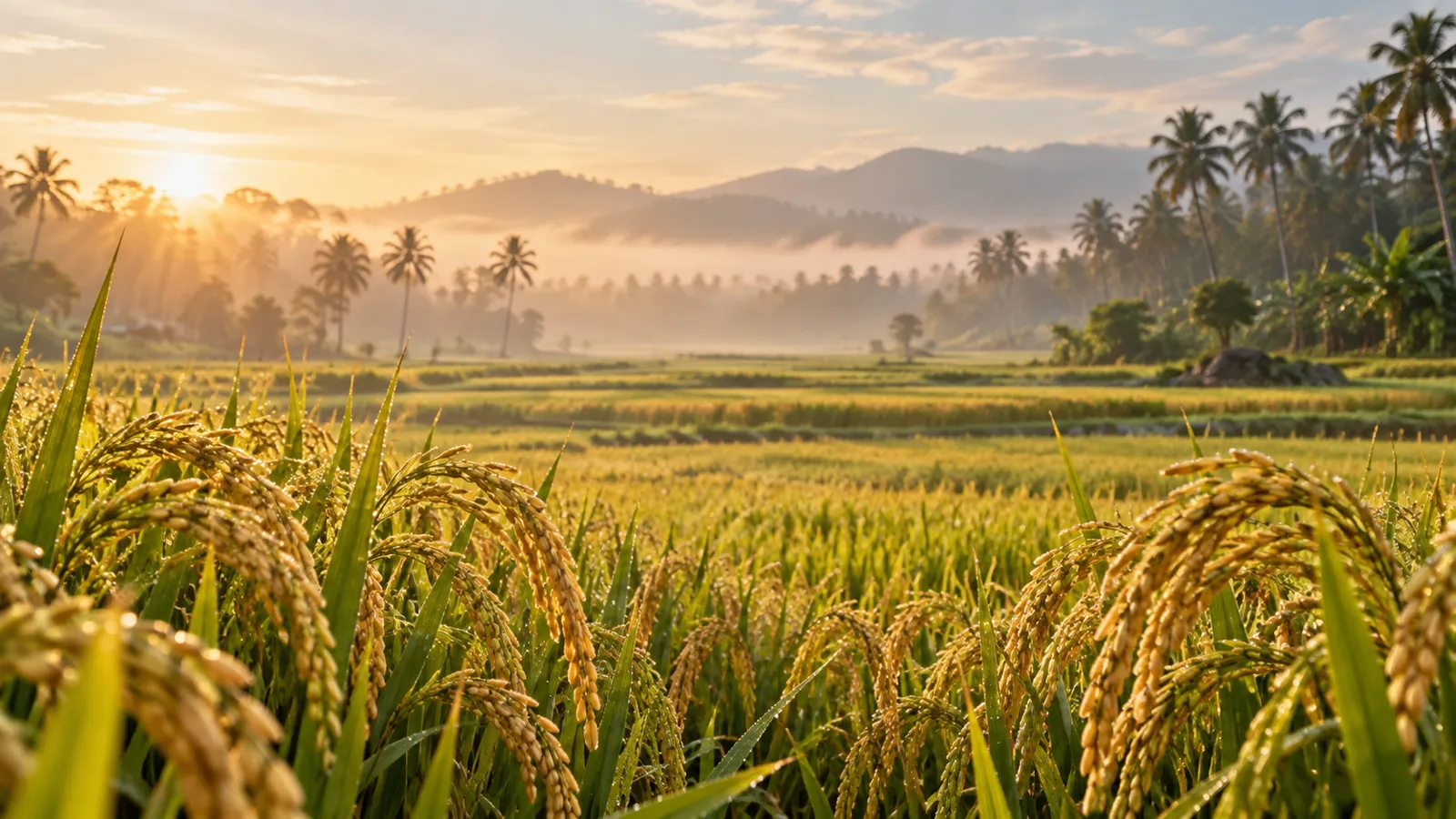 Golden light over a lush Kerala rice field