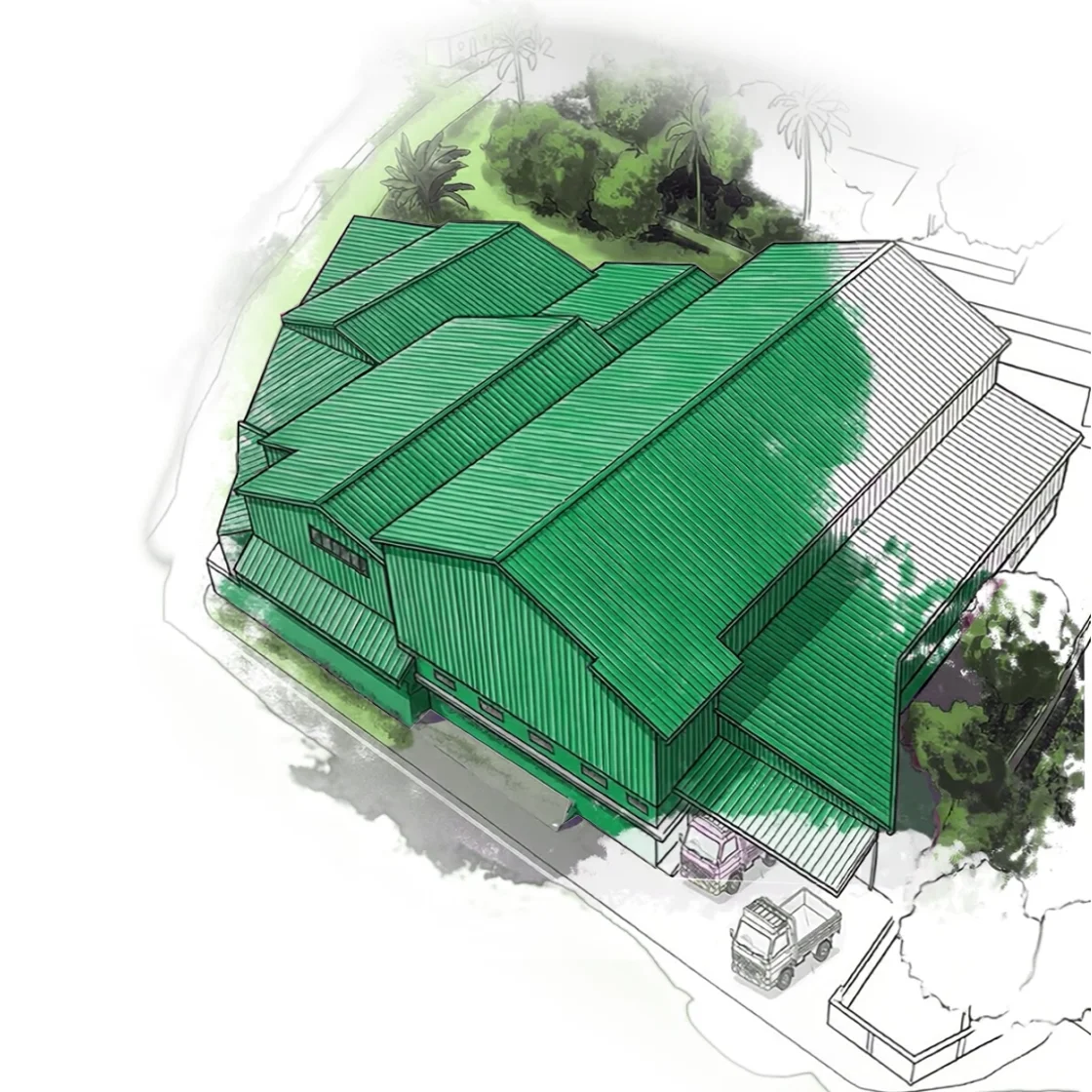 A larger rice processing facility with green roofs and trees around its grounds