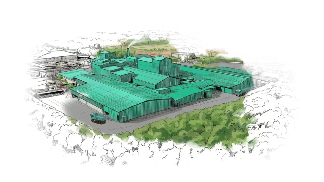 An aerial illustration of the expanded Keerthi Nirmal campus, with green-roofed mills nestled among trees