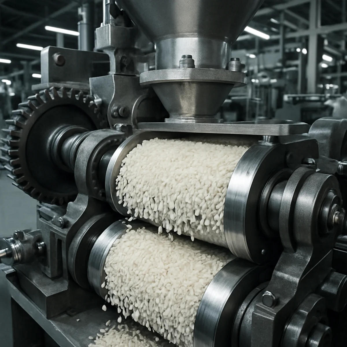 Rice passing through milling machinery